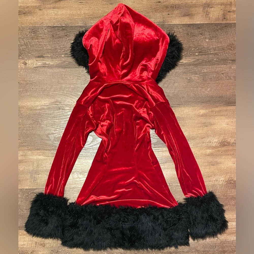 J Valentine Hooded red velour Black Santa Costume sexy Mini Dress size S Medium - Picture 6 of 7